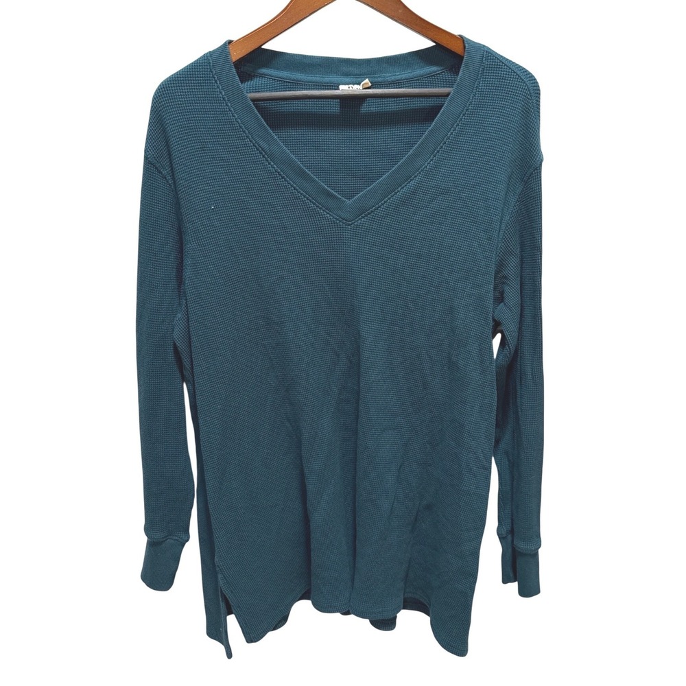 Pact Organic Cotton Thermal Waffle Knit V-Neck Top Teal XL Womens Long Sleeve